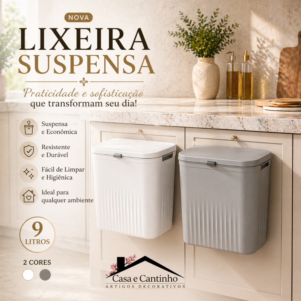Lixeira Suspensa para Armário 9L | Tampa Click Cozinha Lavabo Compacta Plástico Resistente