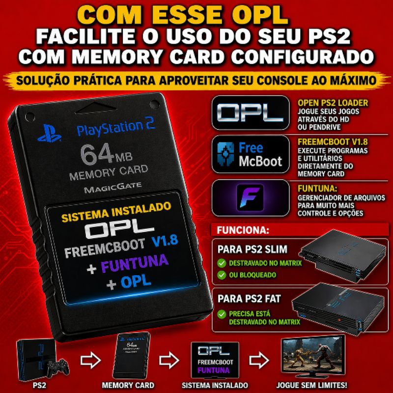 Memory Card PS2  OPL + FreeMCBoot + Funtuna Pronto Uso PS2 Slim
