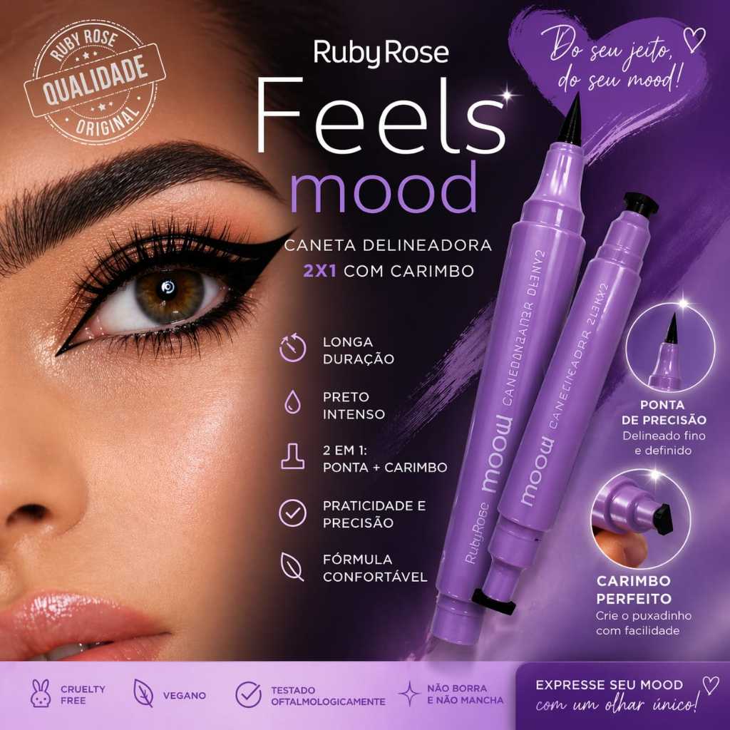 Caneta Delineadora 2 em 1 Ruby Rose Mood Ponta Fina + Carimbo Fácil