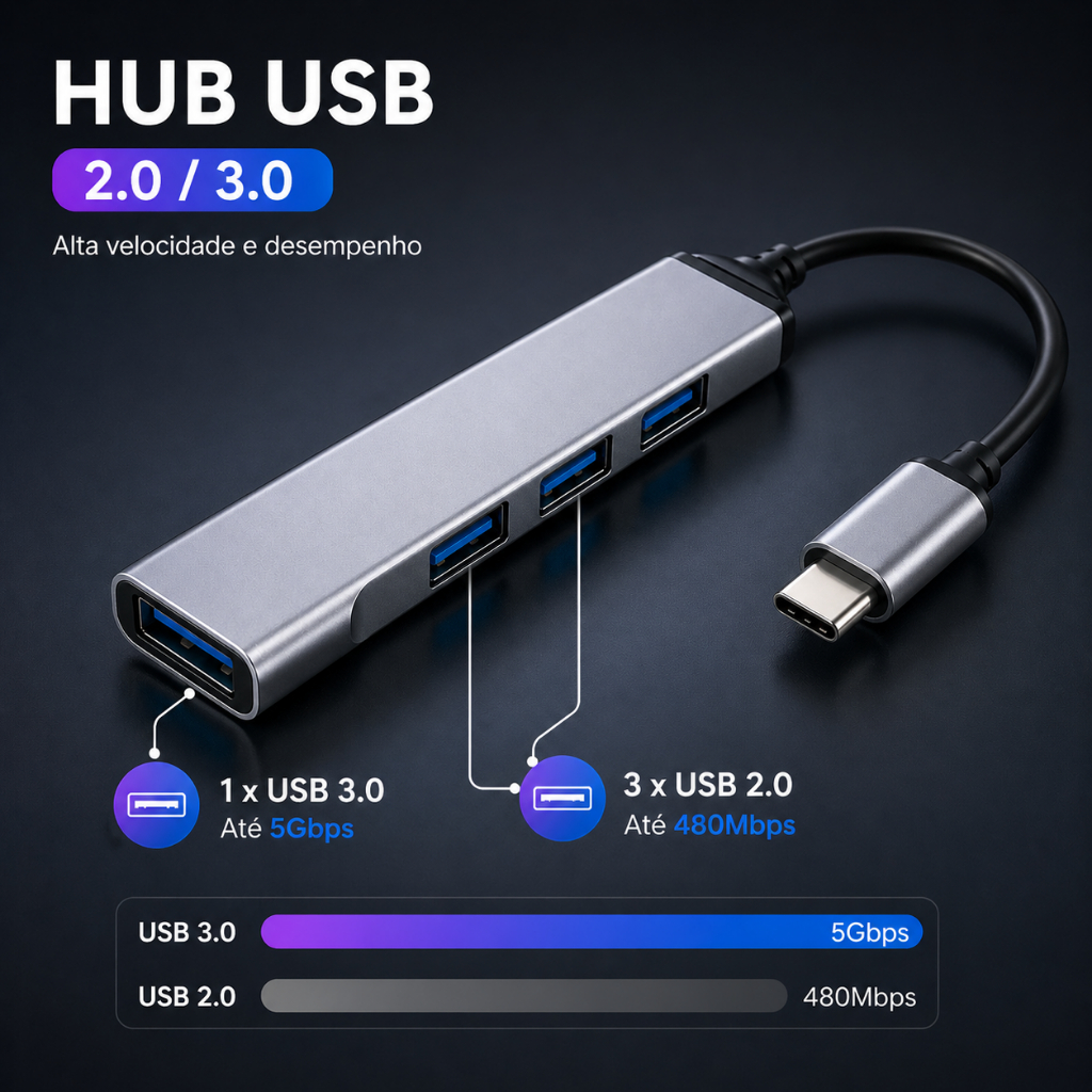 Hub USB Tipo C 4 Entradas 3.0 OTG Com Carregador Rápido Para PC Notebook e Smartphone