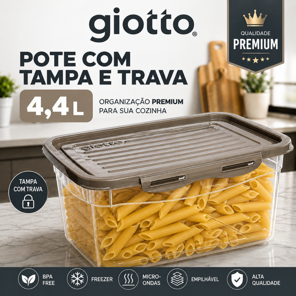 Pote Com Tampa e Trava 4,4L Camurça Armazenamento de alimentos cozinha frezeer micro ondas Giotto