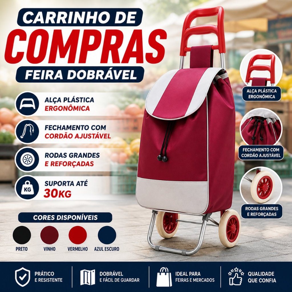 Carrinho de Compras Feira Supermercado Bolsa Reforçado Até 30Kg Com Rodinhas Dobravel Resistente