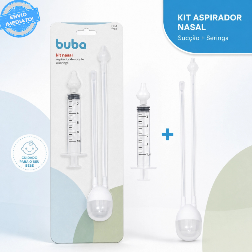 Kit Aspirador Sucção e Seringa Lavador Nasal Coriza Buba