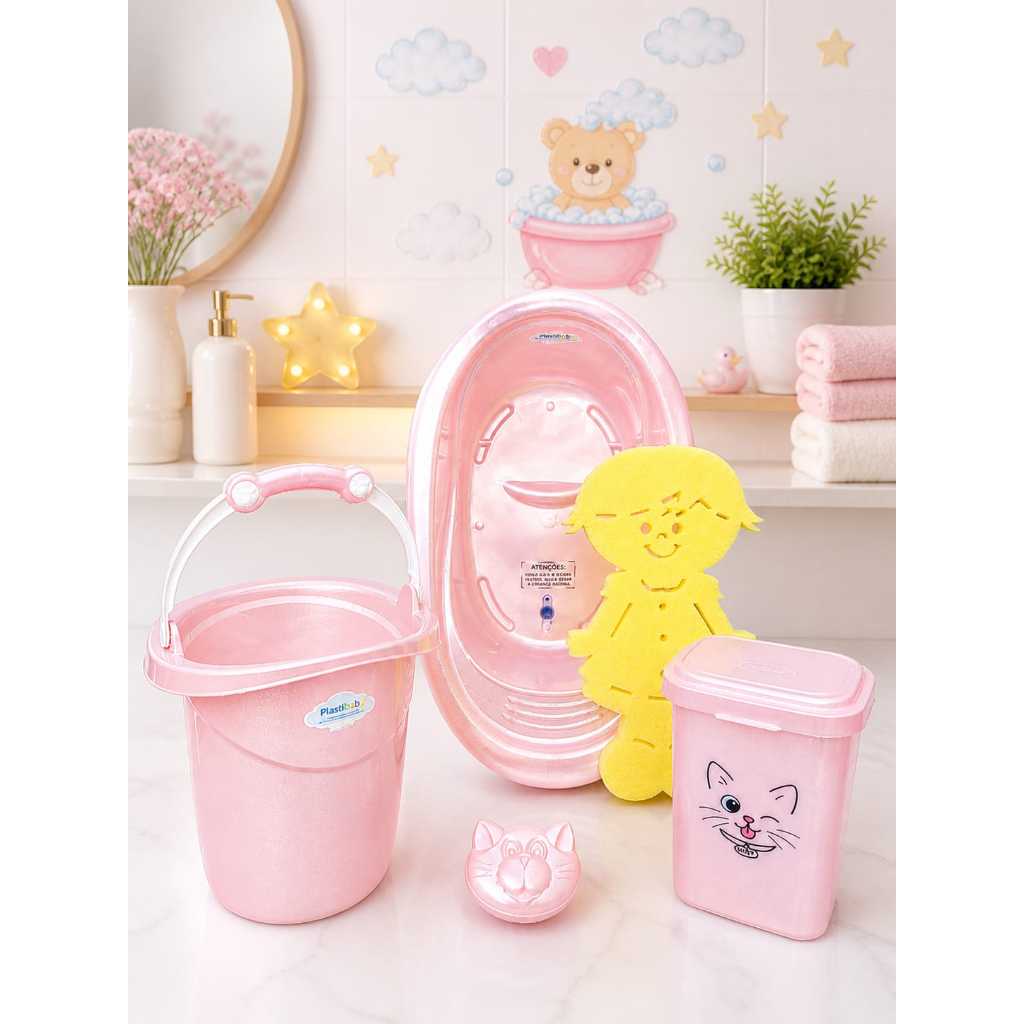 Kit Funcional Banheira 22L, Balde Ofurô 11L, Lixeira e Esponja Antiderrapante para Banheira bebê menino menina