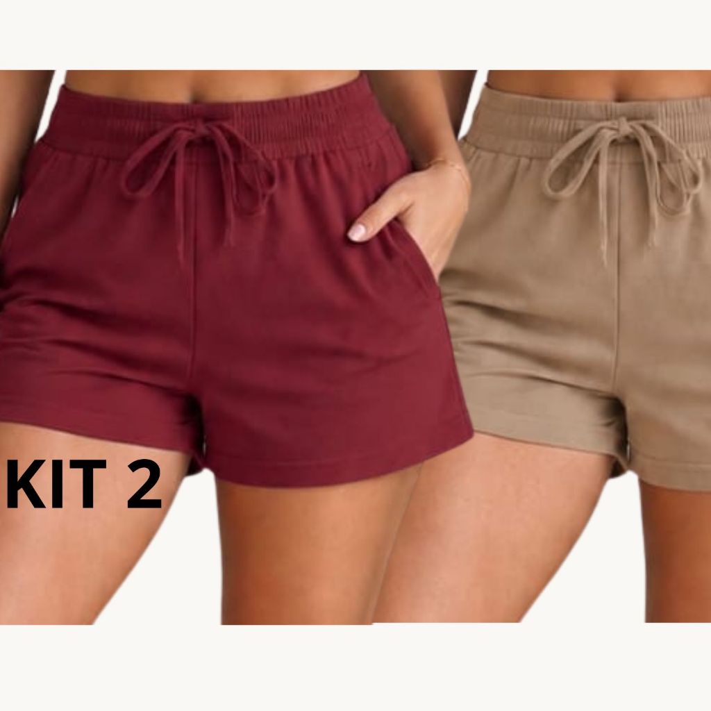 KIT 2 Short Feminino na Malha ] Confortavel Casual Verao Dia Dia Liso Luxo Dormi Outono Bolsinho Elastico Coz Alto