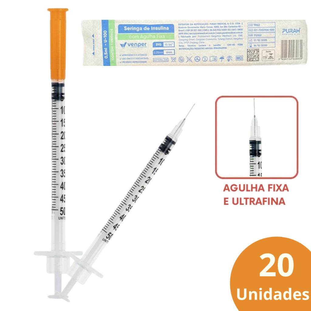 Kit 20 Seringas Insulina 0,5ml Agulha Fixa 6mm X 0,25mm Venper UltraFina 50UI