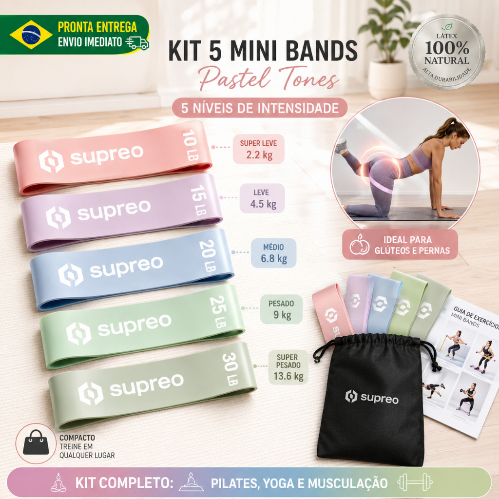 Kit 5 Mini Bands Elástico Tons Pastéis Treino Em Casa Glúteos Pernas 5 Níveis Pilates Yoga Fisioterapia Com Bolsa