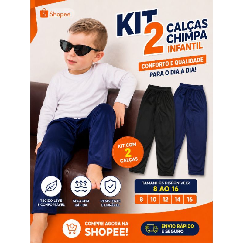 Kit 2 Calças Infantil Juvenil primavera inverno escolar Chimpa Flanelado reta Tamanho 08 Ao 16