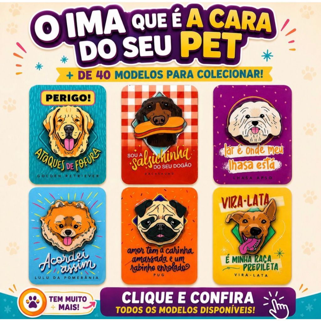 Ímã de Geladeira MDF Duplo Epóxi Linha Pet Raça de Cachorro e Gato Colorido Golden Vira Lata lhasa