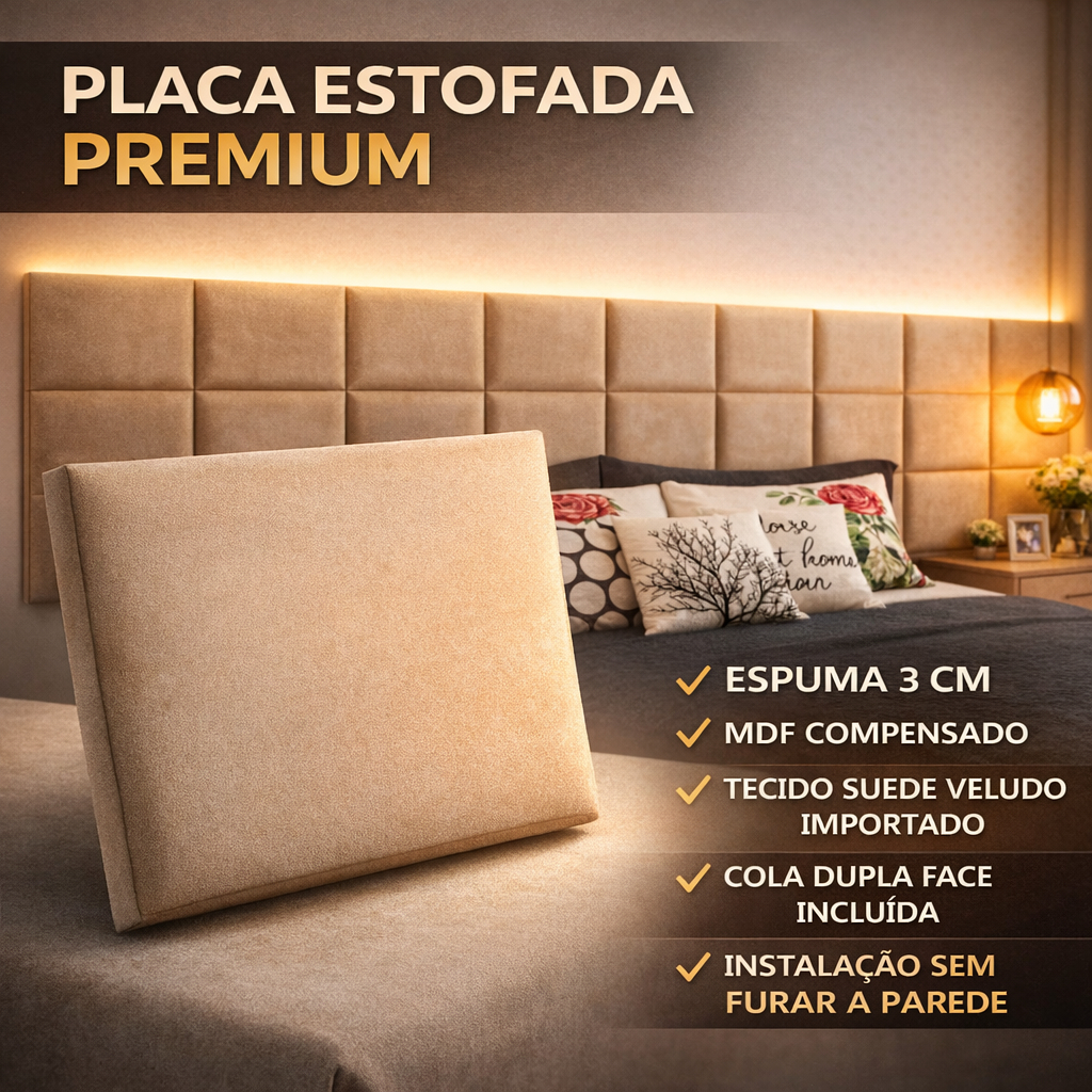 Kit Cabeceira Estofada Luxo 40x30 Módulos Autocolante - para Cama Box Casal Queen King Size