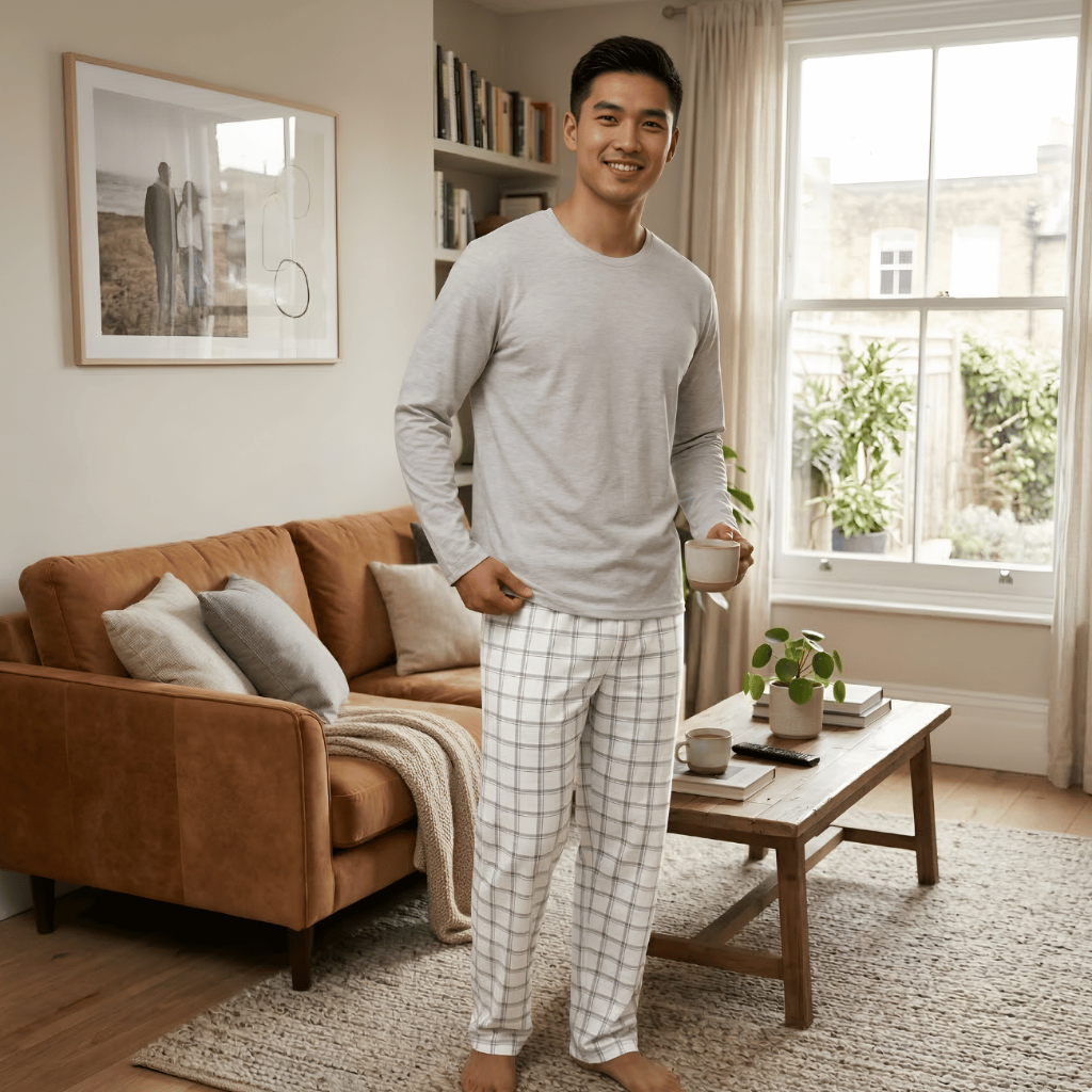 Pijama de Inverno Masculino Manga Longa Calça Comprida Adulto de Frio Xadrez