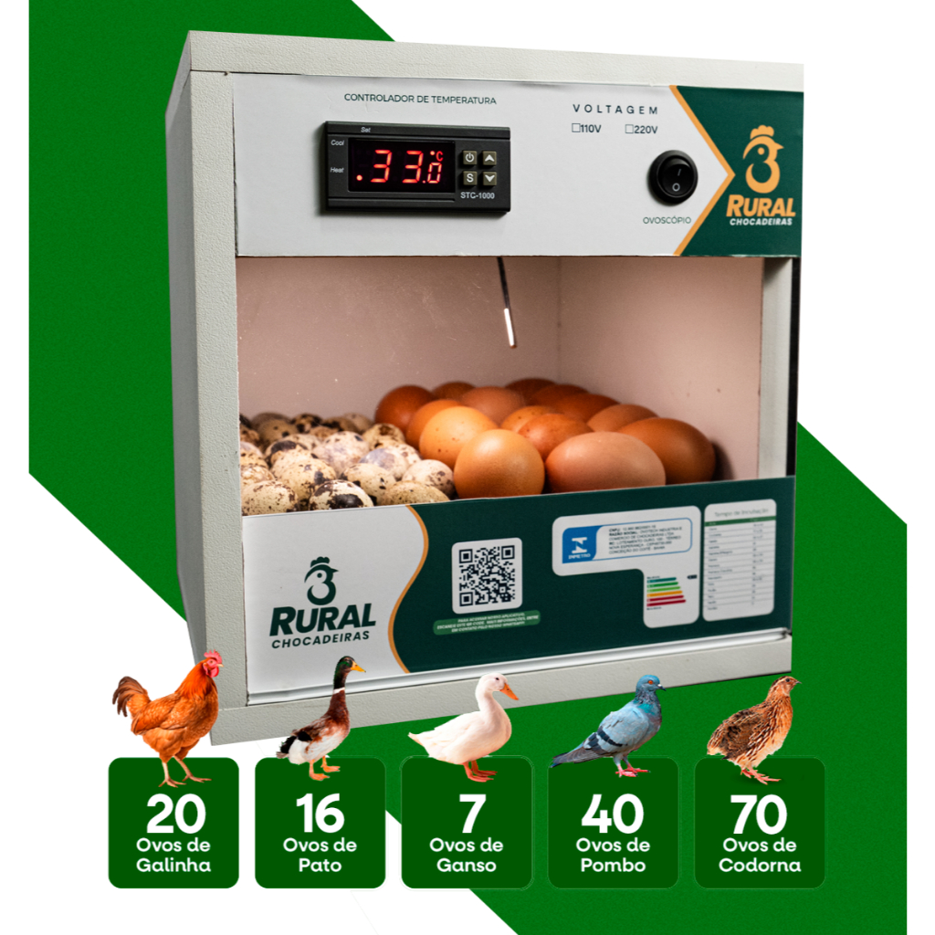 NOVIDADE - Chocadeira Elétrica 20 Ovos de Galinha ou até 60 Ovos de Codorna + APP Bônus
