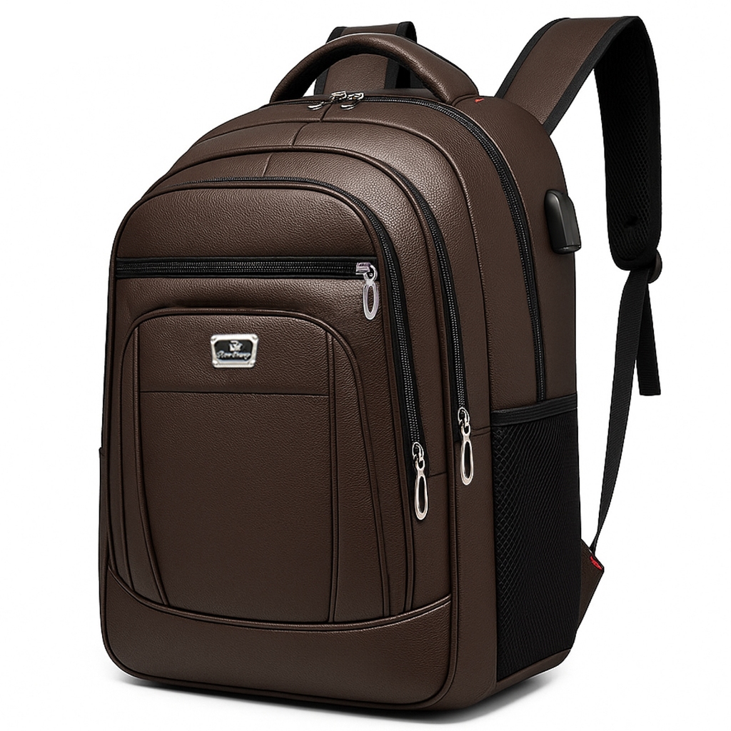 Mochila de Couro Executiva Impermeável Reforçada com Porta USB e Fone para Notebook Viagem e Trabalho
