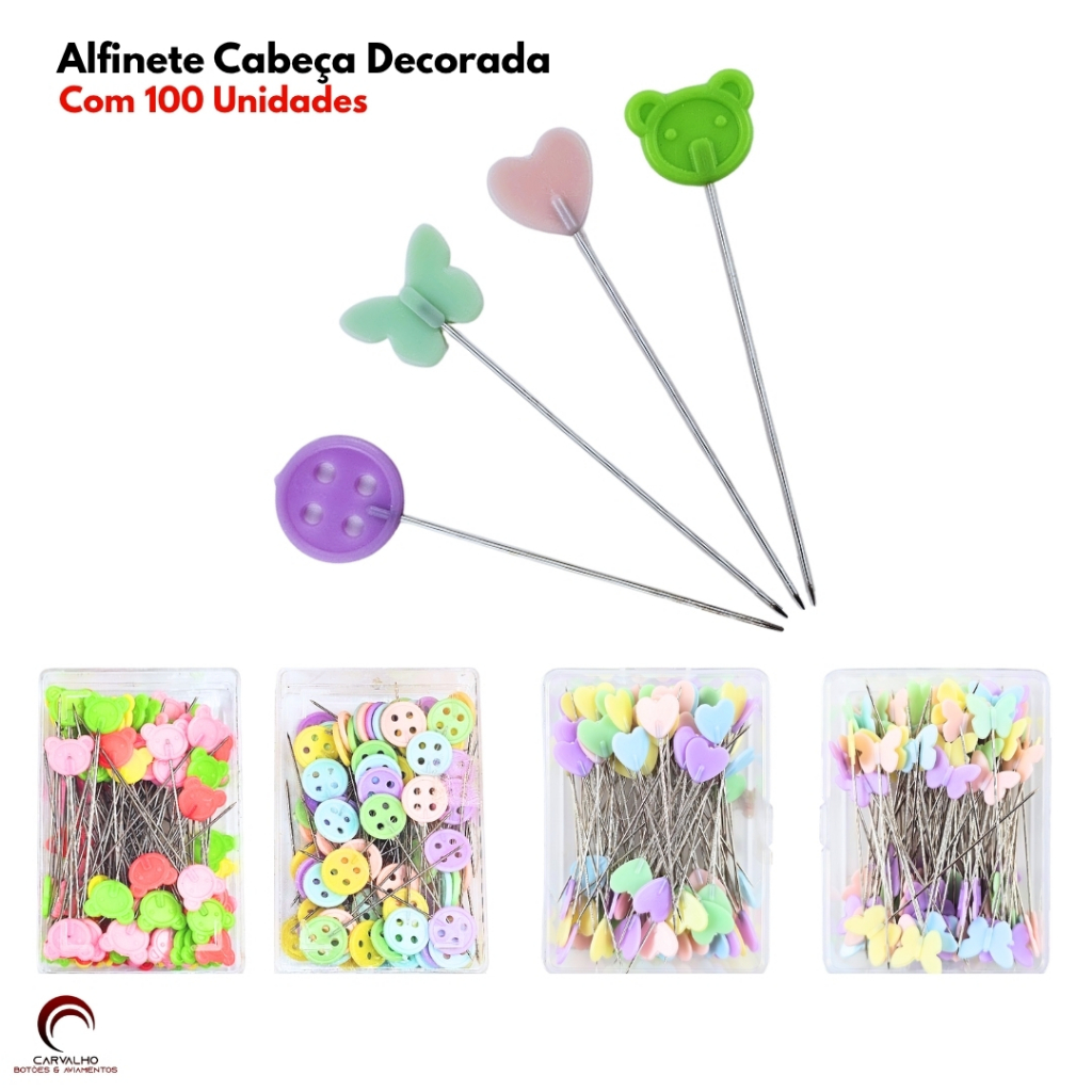 Alfinete Cabeça Decorada Colorida Com 100 Unidades