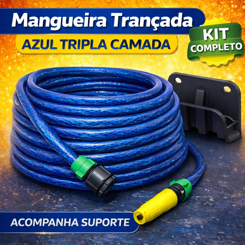 Mangueira de Jardim Trançada Azul - Kit Completo com Suporte e Esguicho