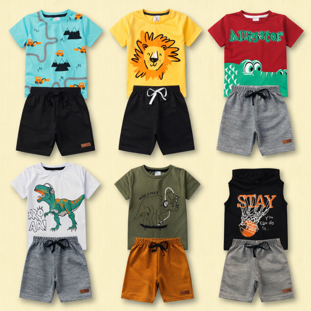 Kit 10 Peças Infantil Menino 5 Camisetas + 5 Bermudas Algodão Verão