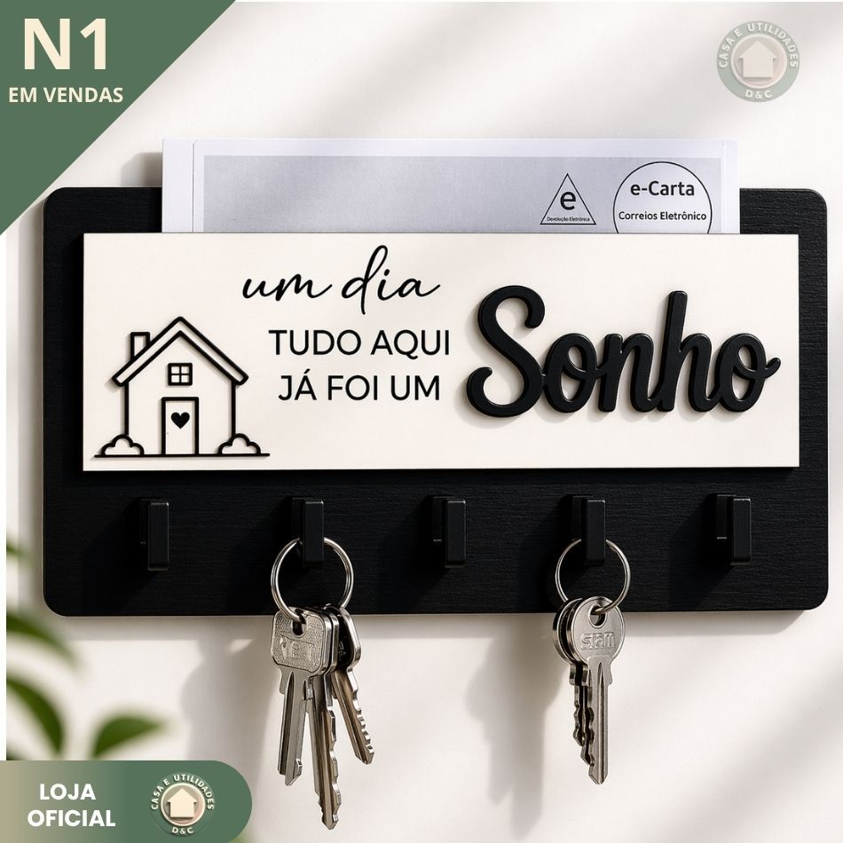 Porta Chaves e Cartas Parede MDF Decorativo Organizador Chaveiro Casa Entrada 5 Ganchos