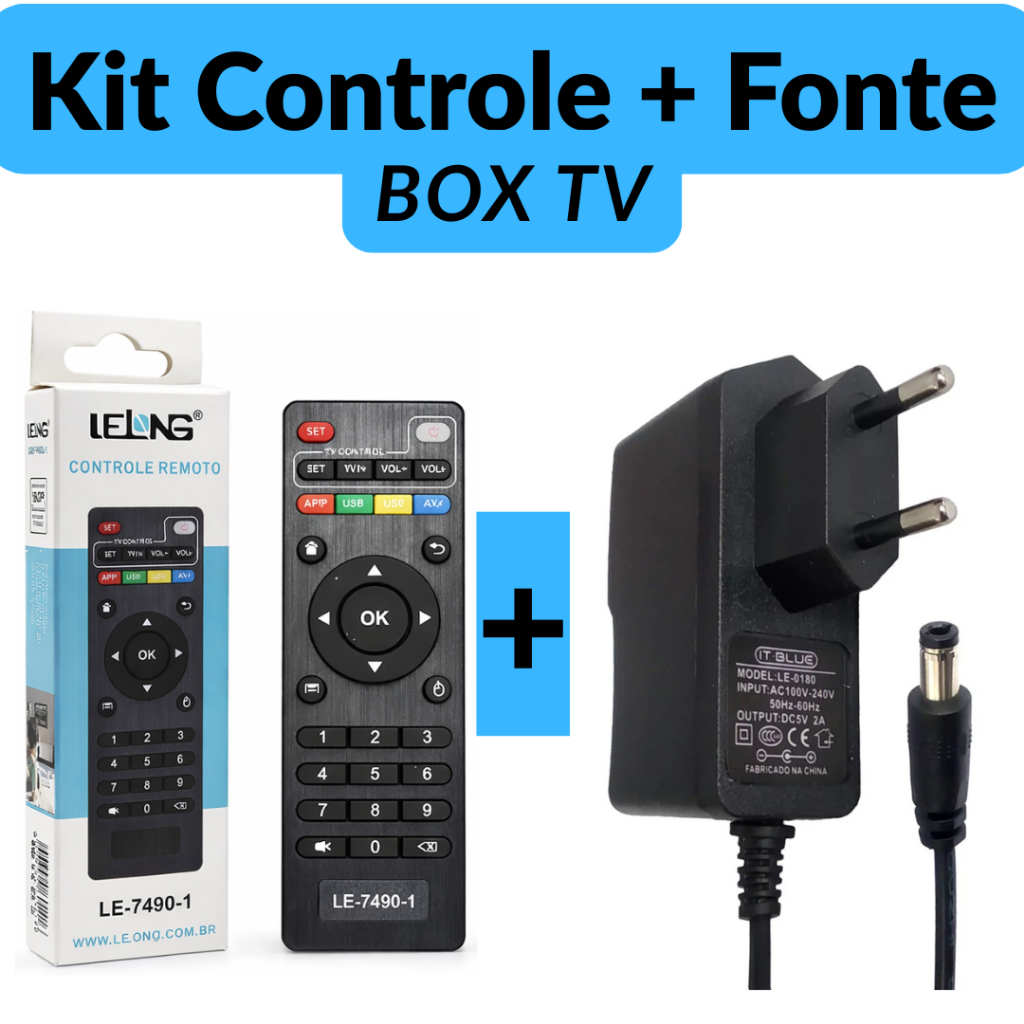 Kit Controle Universal + Fonte Bivolt Para Smart Box TV