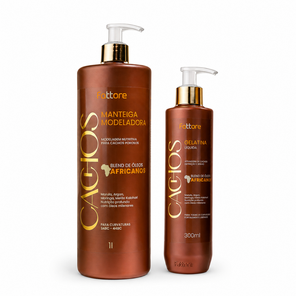 Fattore Kit Cachos Óleos Africanos Manteiga Modeladora 1L + Gelatina Líquida 300ml – Finalização Completa