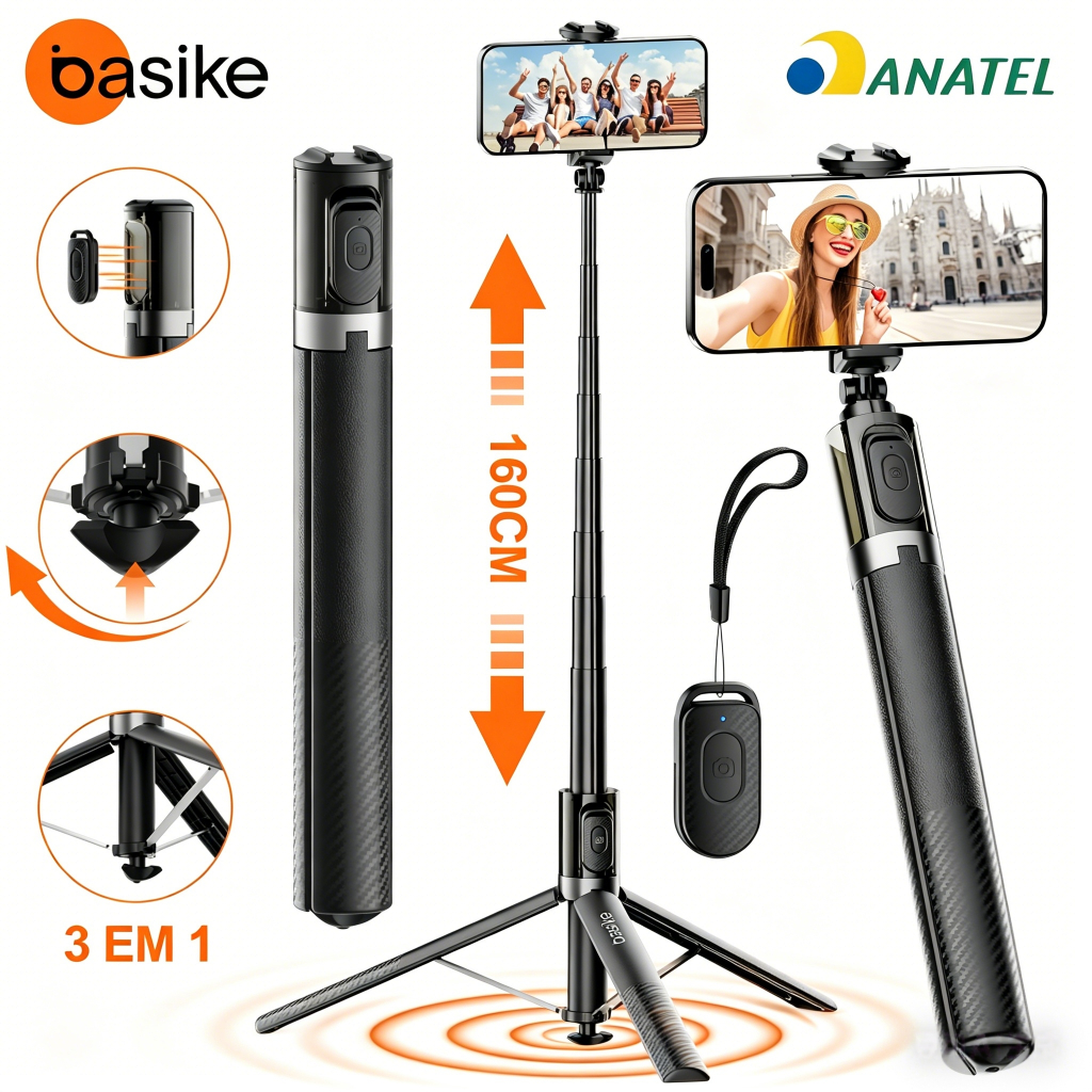 BASIKE Tripé Para Celular 160cm, Abre ao Tocar o Chão, Rotação 360° + Controle Remoto