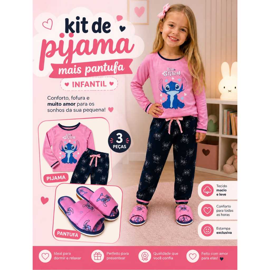 Kit 1 Pijama longo Infantil  +1 Pantufa Infantil Blogueirinha Estampa Personagens de frio inverno Stitch Festa Do Pijama