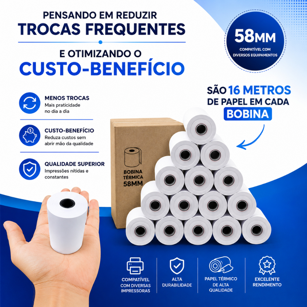 BOBINA TÉRMICA 58MM – ALTA QUALIDADE | 16 METROS
