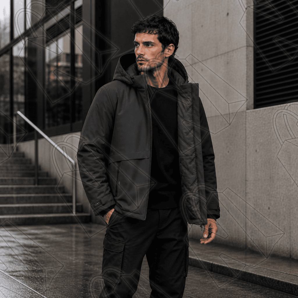 Jaqueta Masculina Dupla Face 2 em 1 Nylon Acolchoada Gola Alta Capuz Removível