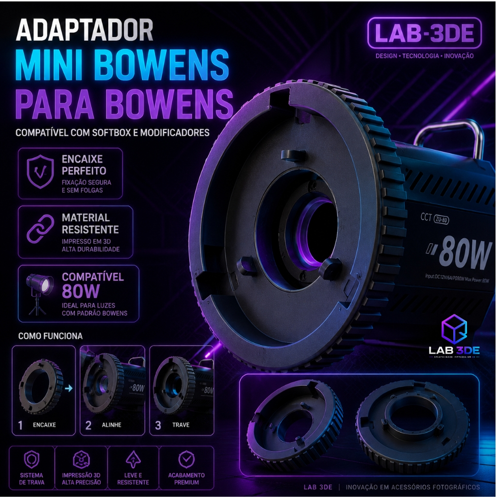 Adaptador Mini Bowens para Bowens Padrão 80W | Compatível com Softbox e Modificadores