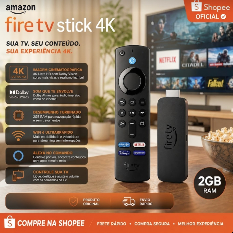 Amazon Fire TV Stick 4K Wi-fi 6 Alexa Comando de Voz - Com Dolby Vision/Atmos