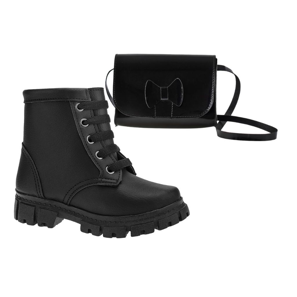 Combo Infantil Menina Kit Bota Coturno Tratorada Confortável e Bolsa de Ombro Delicada  Leve Modinha