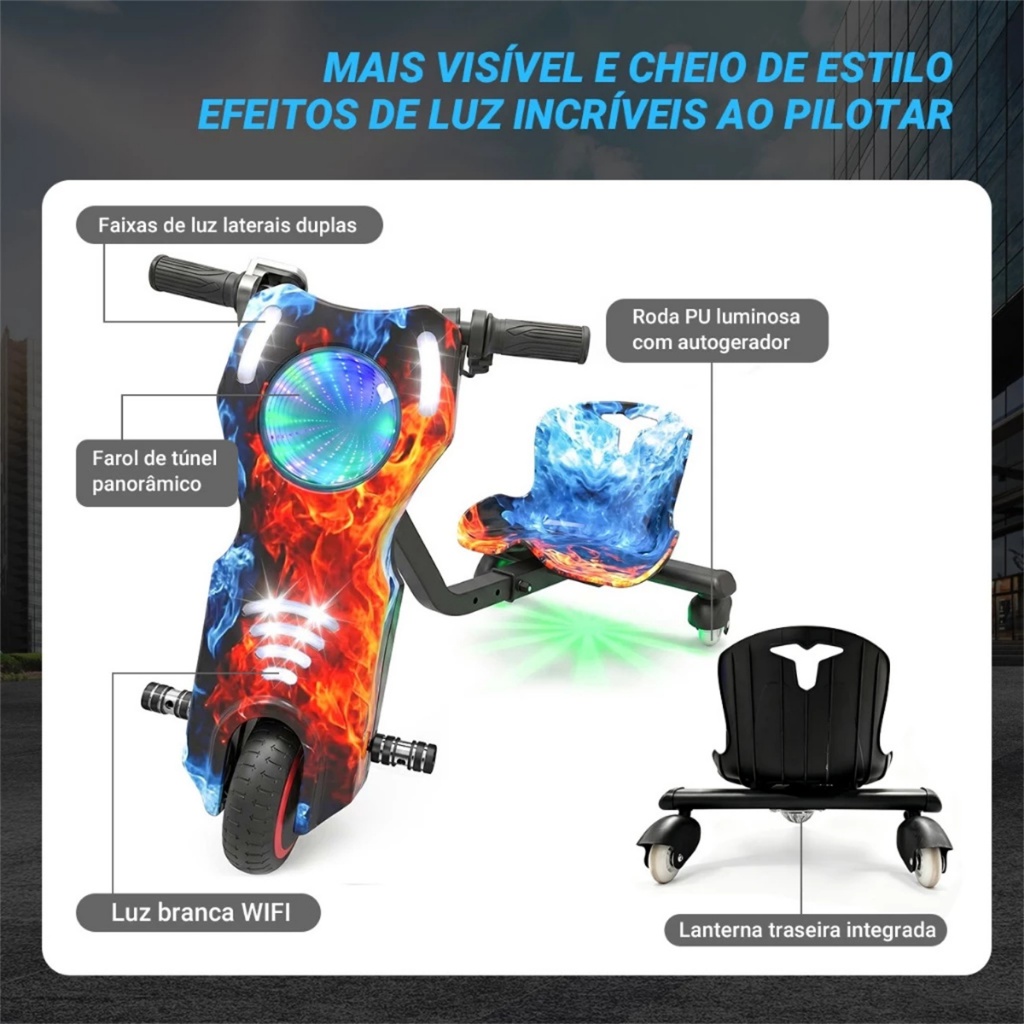 Triciclo Elétrico Drift Bluetooth Led 3 Velocidades 350w 8 polegadas