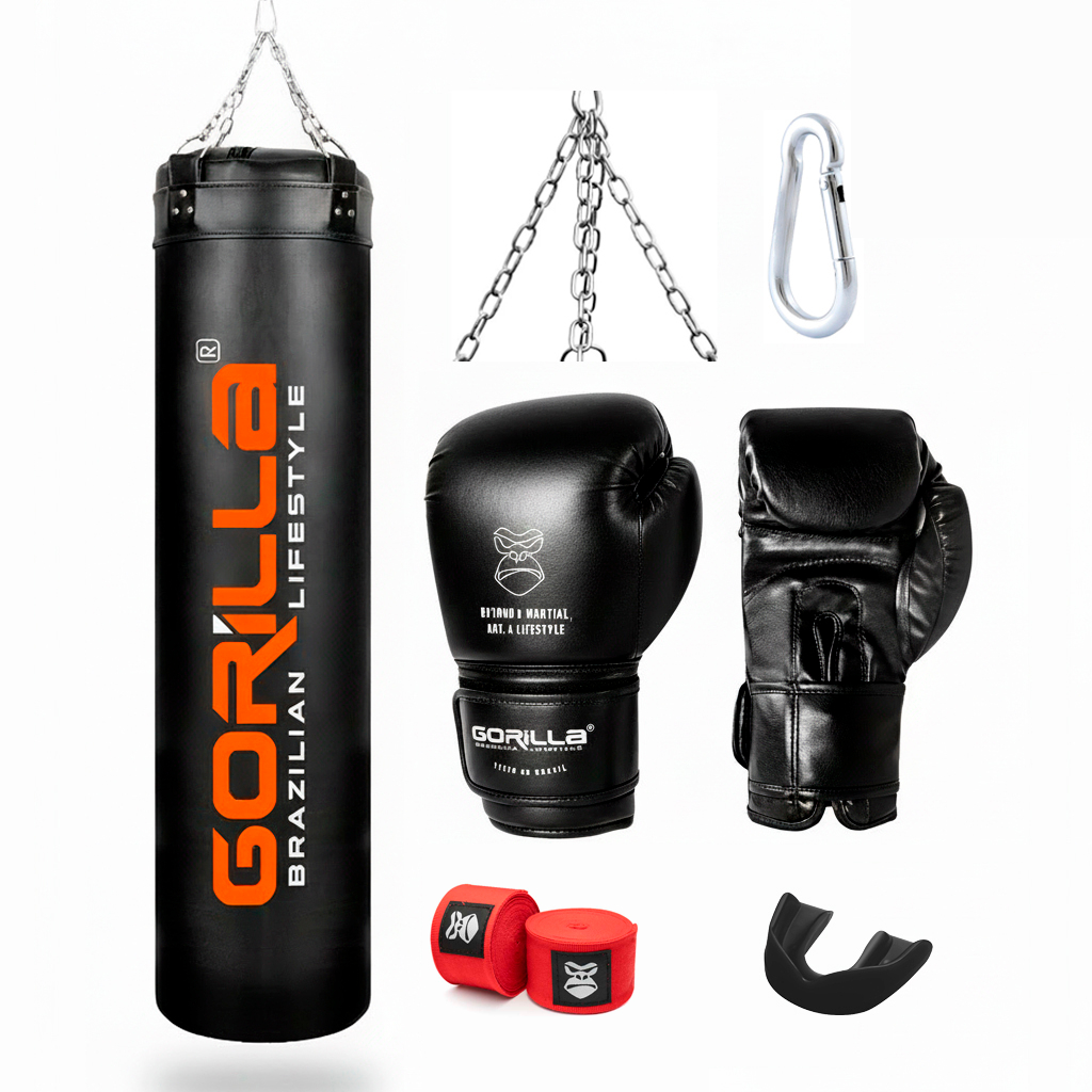 Saco de Pancada 160cm Gorilla Profissional+Luva de Boxe 12OZ +Bandagem elástica 3mts+ Protetor Bucal