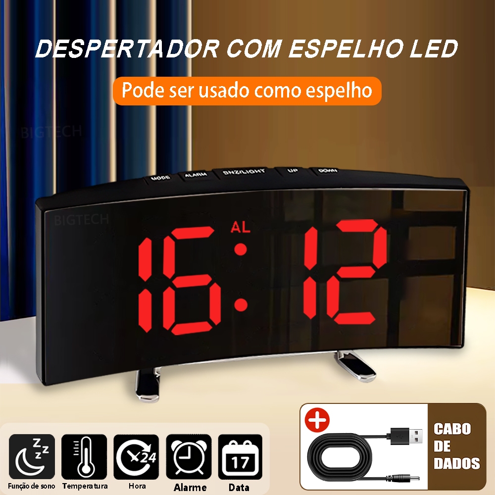 Relógio Despertador Digital LED Com Visor Grande, Ajuste Inteligente De Brilho E Exibição De Temperatura E Umidade