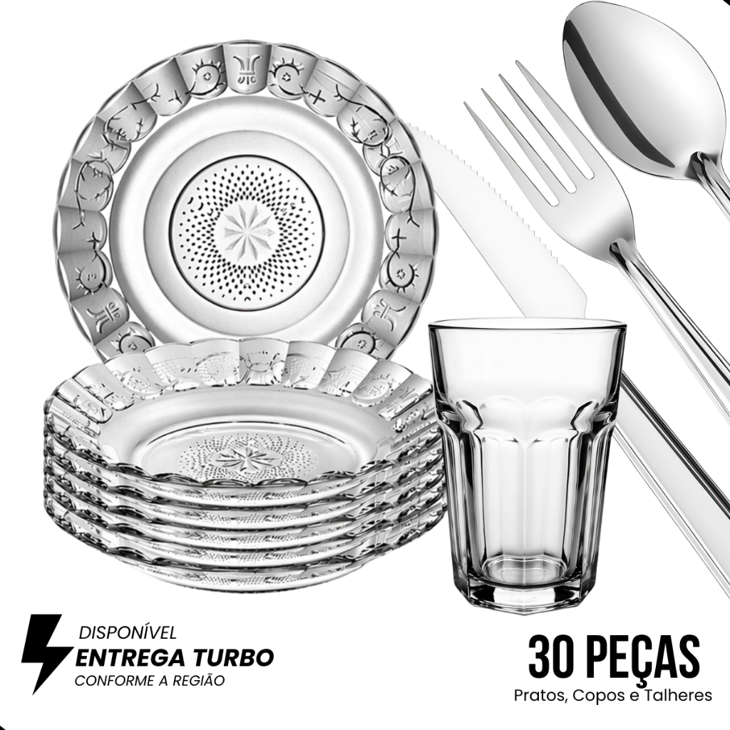 Jogo De Pratos Fundos E Copos C/30 Peças Aparelho de Jantar Em Vidro Com Talheres