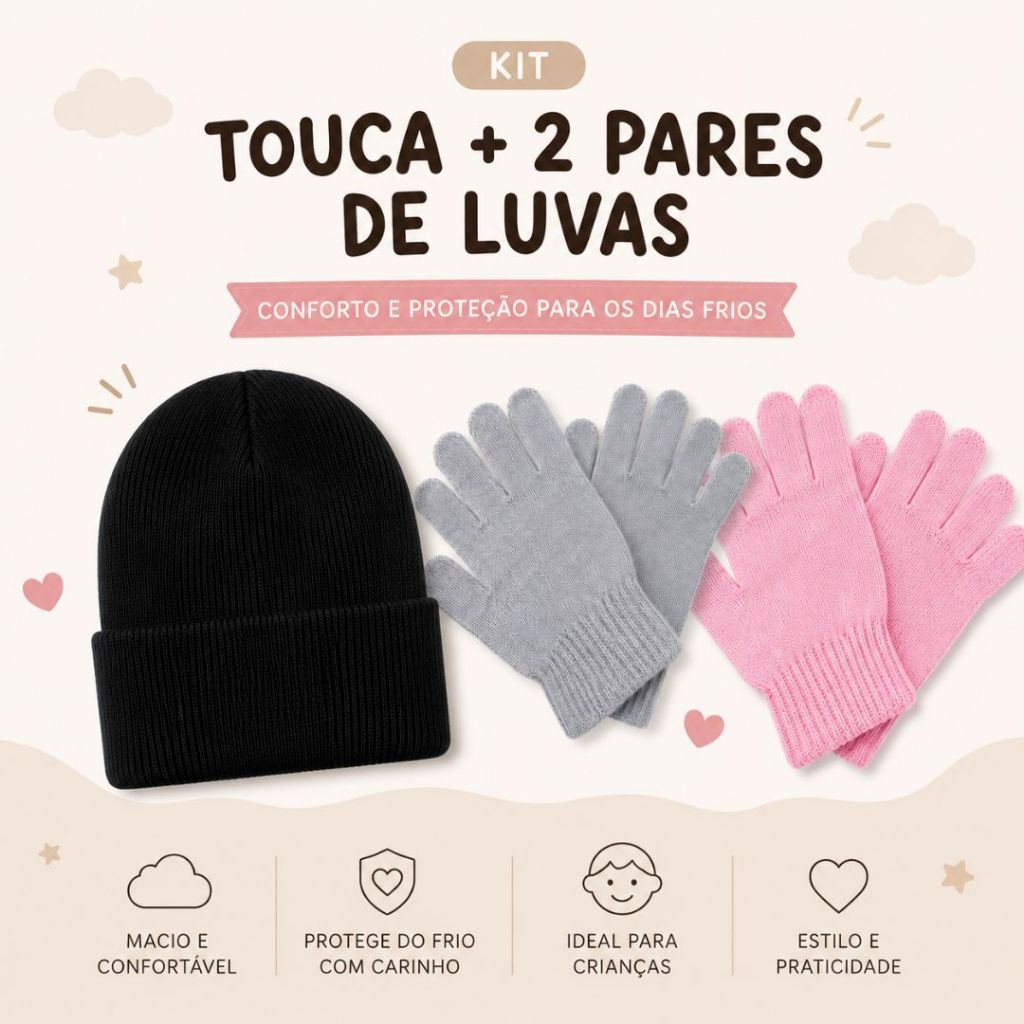 Conjunto Touca + Luvas Infantis Para Inverno Proteção Térmica Dobrável Coloridas Criança