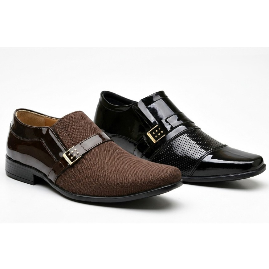 Kit 2 Pares Sapato Social Masculino Preto Verniz Marrom Confortável Trabalho Leve