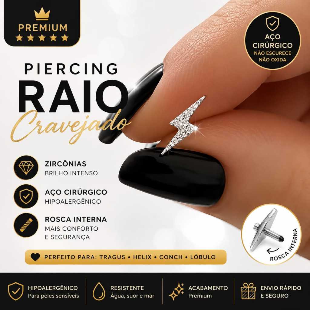 Piercing Raio Com Zircônias Cravejado Para Furo Orelha Tragus |Helix Aço Cirúrgico Rosca Interna