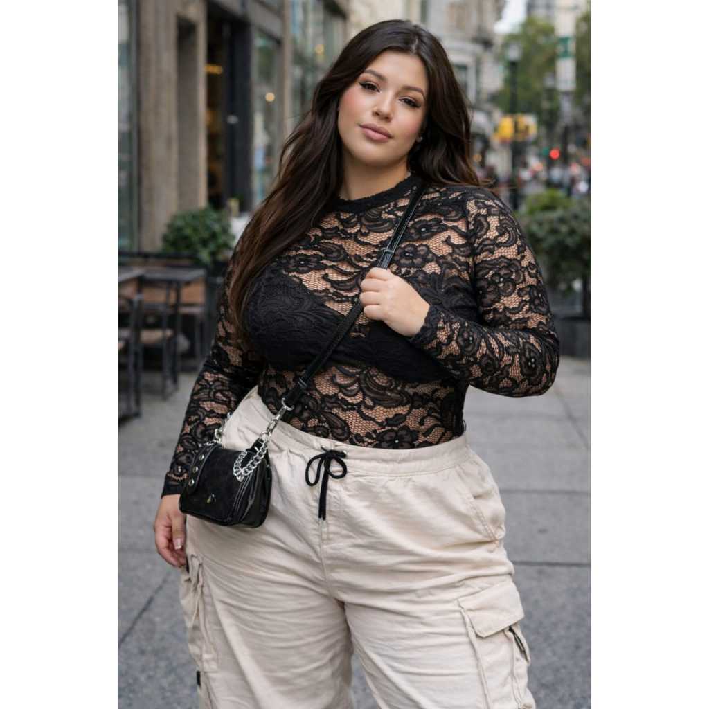 DRAPA PLUS - BLUSA RENDA PLUS SIZE ESTILOSA MODERNA MANGA LONGA