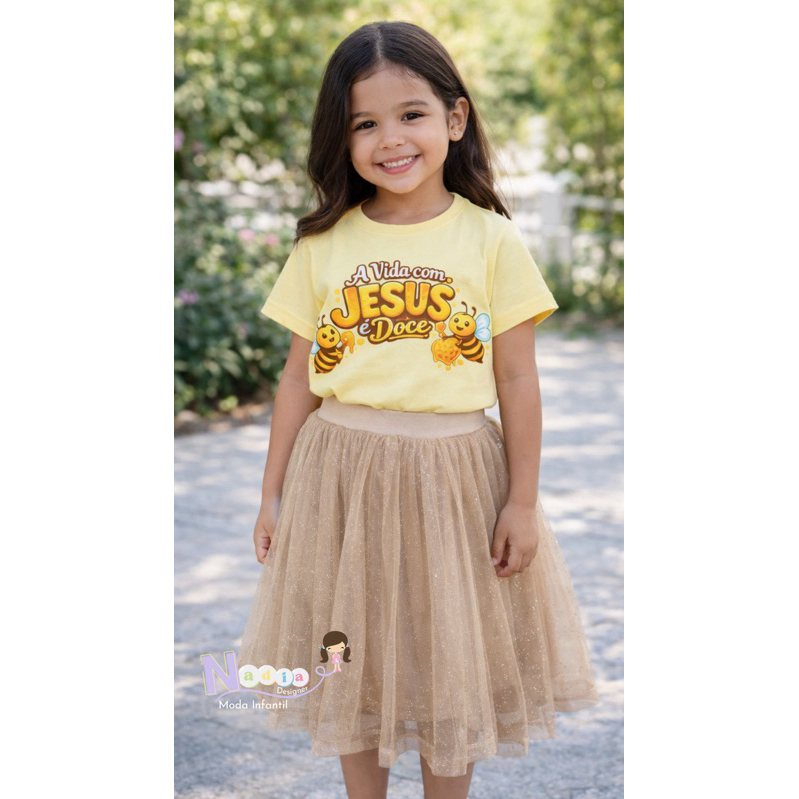 Saia Infantil Nude e Champanhe de Tule com Glitter – Moda Evangélica – 6 a 14 Anos