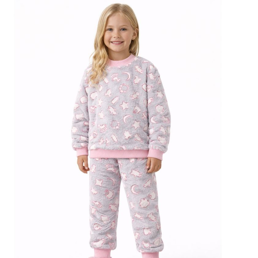 Conjunto Pijama Peluciado Noite do Pijama Brilha no Escuro Rosa Menina Bege Menino