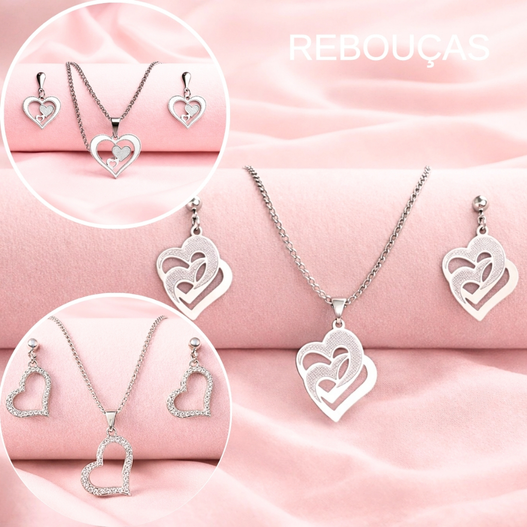 Conjunto Colar e Brinco Pingente Aço Inoxidavel Antialérgico Coração Modelo Premium