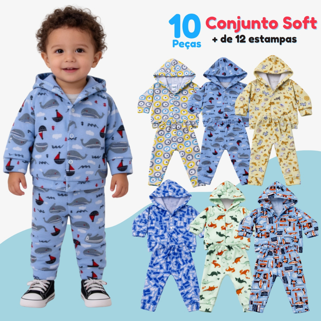 Kit 10 Peças Conjunto Soft Estampado Infantil Bebê Inverno Frio Menino - 9 a 24 meses