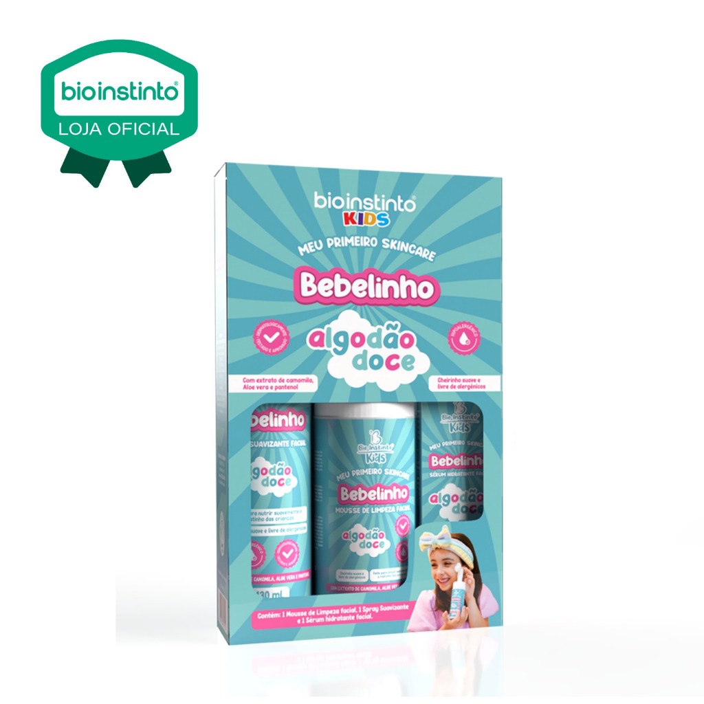 kit com 3 itens Skincare Infantil Bio Instinto Bebelinho Algodão Doce Pele Limpa e hidratada suave
