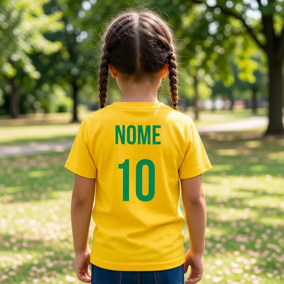 Camiseta Infantil Brasil Copa Personalizado Nome e Numero Unissex Tamanho 2 ao 16 100% Algodão