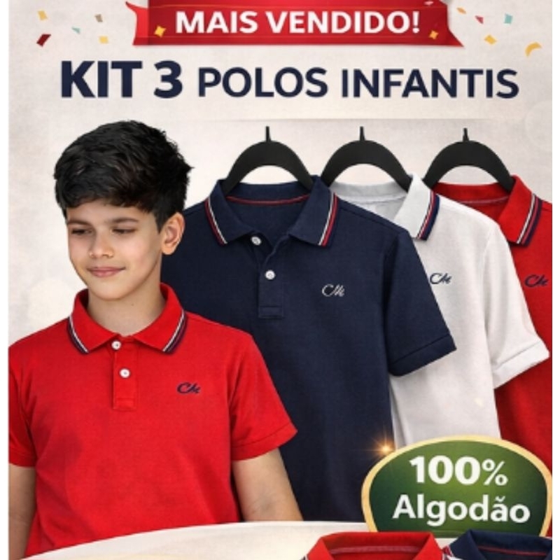 Camisa Polo Masculina Infantil Juvenil KIT 3 Unidades do 2 ao 14