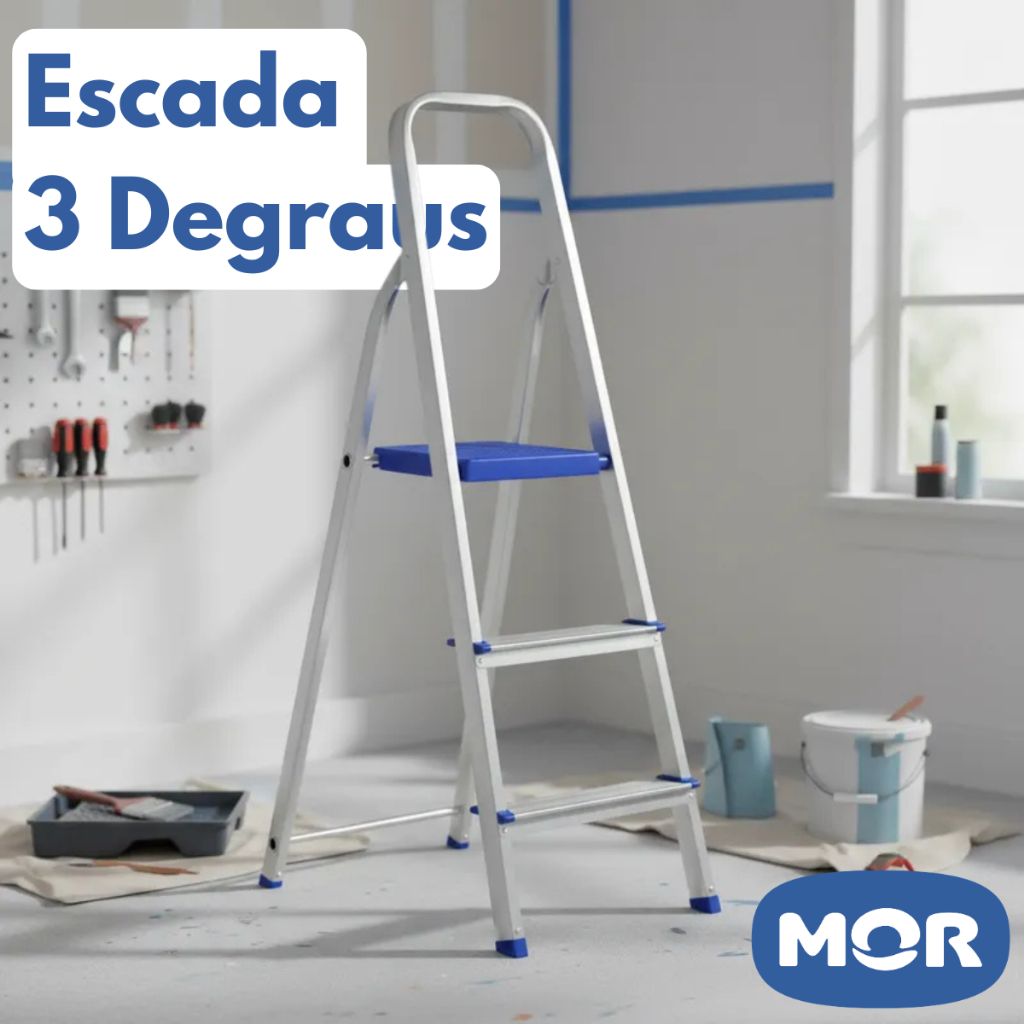 Escada De Alumínio Doméstica Dobrável 3 Degraus Reforçada Resistente Mor Leve Suporta Até 120Kg
