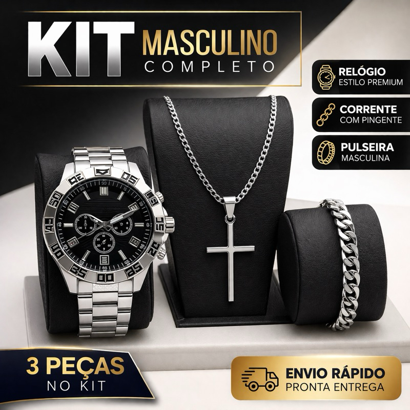 Kit Masculino Completo Relógio + Corrente Crucifixo + Pulseira Acessórios Masculinos