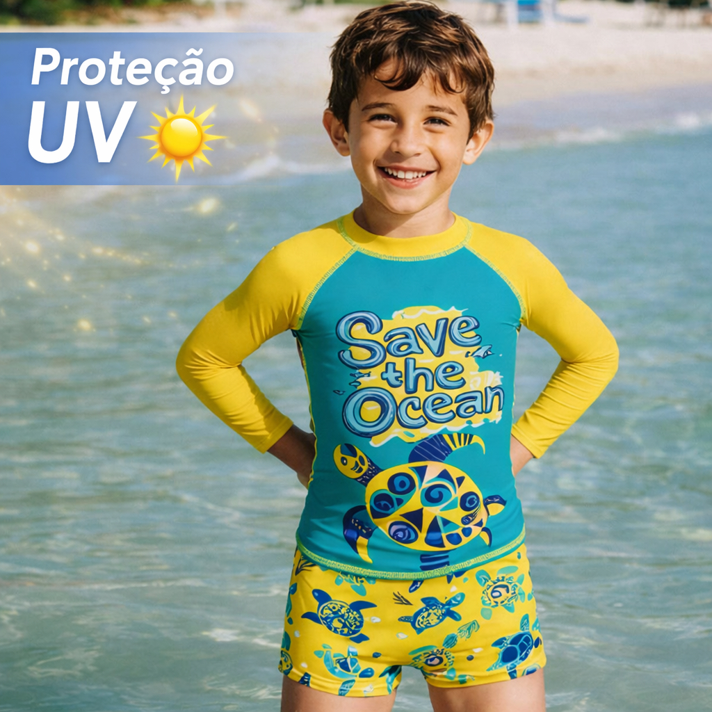 Conjunto Infantil Masculino Moda Praia Proteção UV Manga Longa Blusa + Short Menino