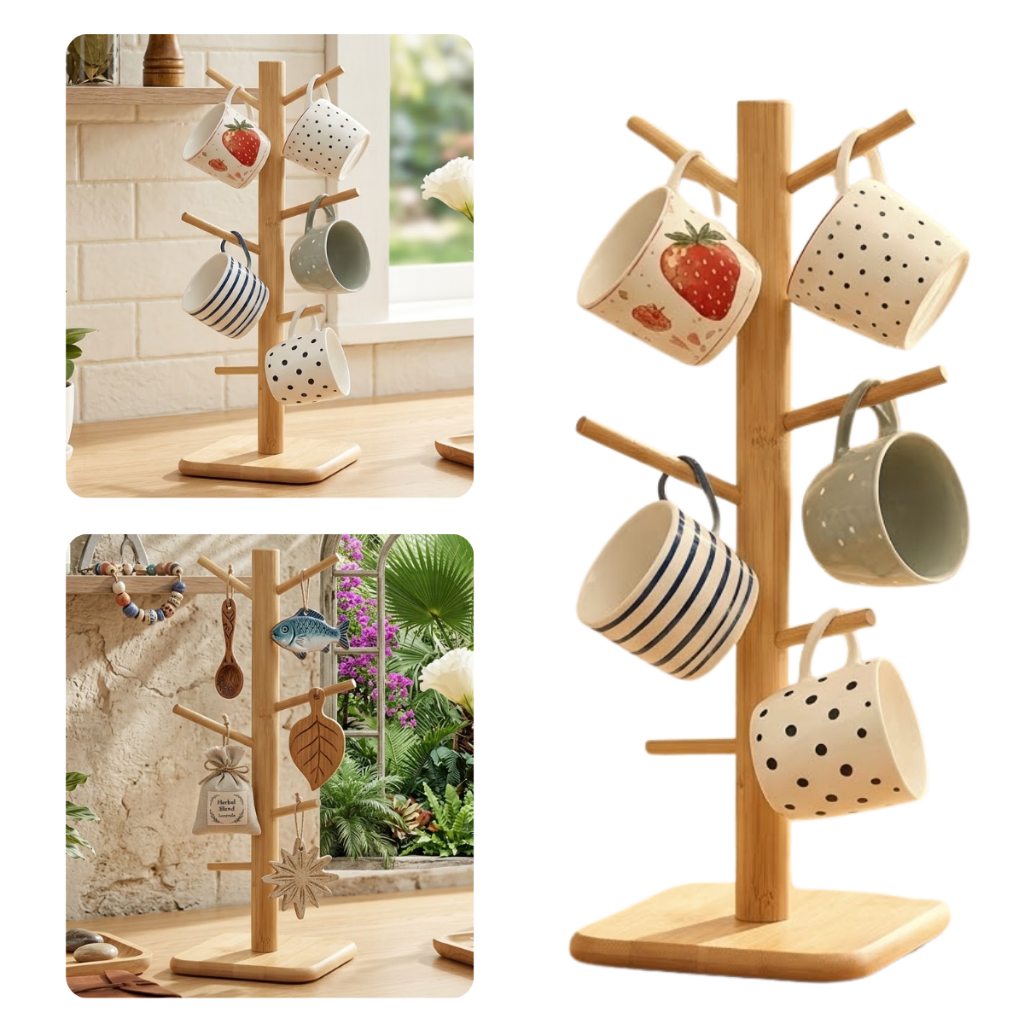 Suporte Porta Xícaras Organizador Copos Canecas Xícaras Chá Café Bambu Madeira ENVIO IMEDIATO