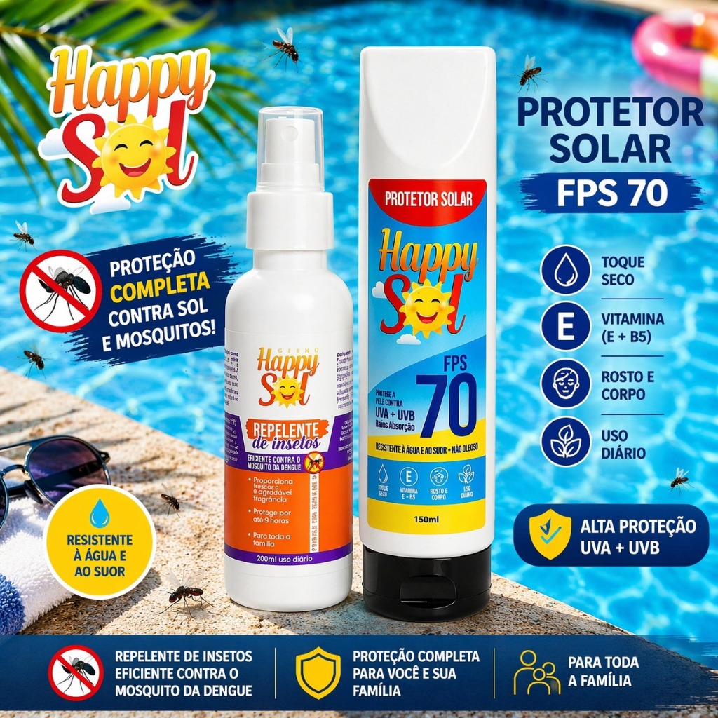 Protetor Solar HAPPY SOL 70 FPS 150ml + Spray Repelente de insetos Happy Sol – 120ml